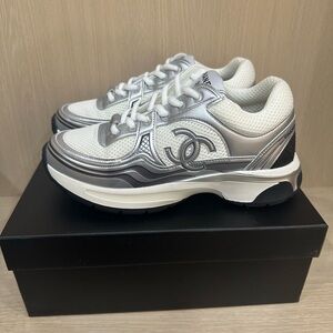 CHANEL White Silver Mesh and Leather Sneakers